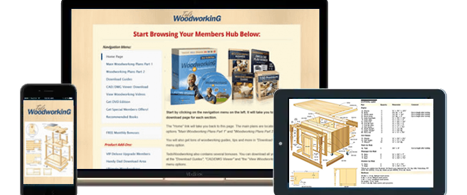 Ted's Woodworking members area on desktop, tablet and phone